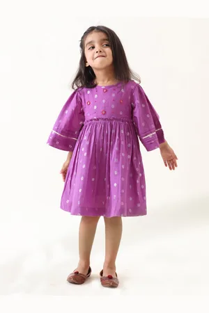 Jilmil Girls Polka Dots Printed Flared Sleeves Embellished Cotton Fit & Flare Dress