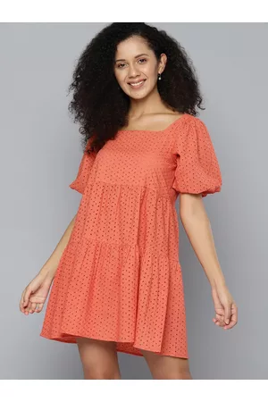 Mast & Harbour Puff Sleeve Schiffli Fit & Flare Mini Dress