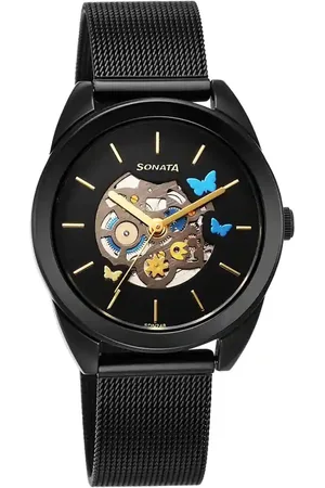 Sonata Women Brass Skeleton Dial & Stainless Steel Straps Analogue Watch 8182NM01