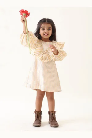 Jilmil Off Girls Striped Ruffle Detail Full Sleeve A-Line Dress