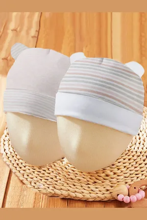 Baby Moo Infants Kids Set Of 2 Striped Cotton Beanie Cap