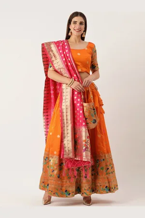 LOOKNBOOK ART Orange Semi-Stitched Lehenga & Unstitched Blouse With Dupatta