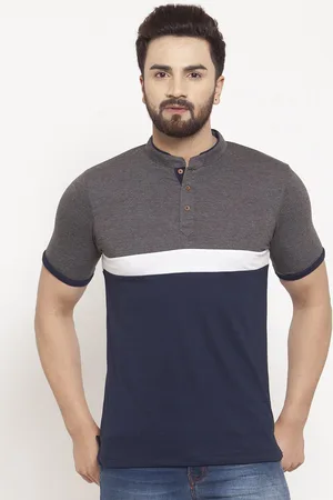 Kalt Men Navy Blue & Grey Colourblocked Mandarin Collar T-shirt