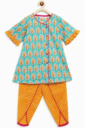 Campana Girls Ethnic Motifs Printed Angrakha Pure Cotton Kurta with Dhoti Pants