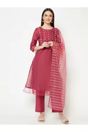 IMARA Floral Yoke Design Sequinned Detail Regular Kurta & Trousers With Dupatta