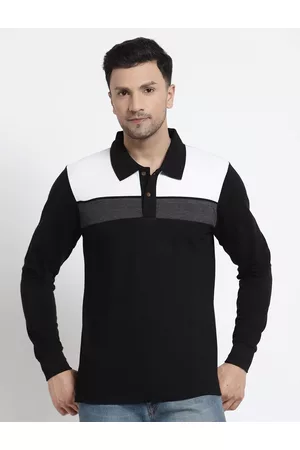 Kalt Men Black & White Colourblocked Polo Collar T-shirt