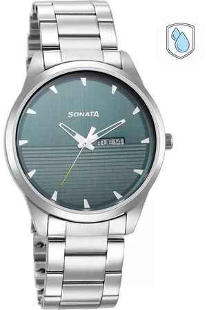 Sonata Men Blue Brass Dial & Silver Toned Stainless Steel Bracelet Style Straps Analogue Watch 7146SM02