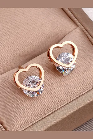 Jewels Galaxy Rose Gold Plated CZ Studded Heart Shaped Stud Earrings