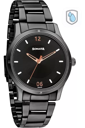 Sonata Women Black Brass Dial & Black Stainless Steel Bracelet Style Straps Analogue Watch 8183NM02