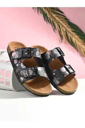 HERE&NOW Women Black & Brown Printed Two Strap Open Toe Flats With Buckle Detail