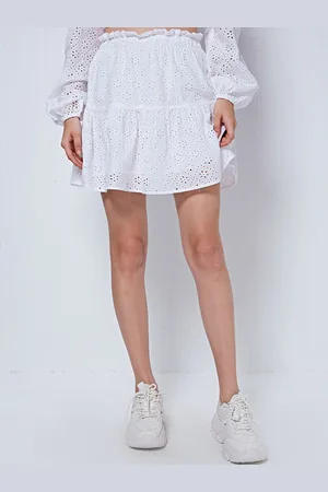 COVER STORY White Self-Design Tiered Pure Cotton Schiffli Mini Skirt