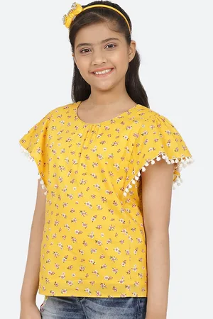 CACA CINA Yellow Floral Printed Cape Sleeves Pure Cotton Top