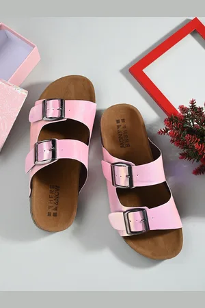 HERE&NOW Pink & Brown Two Strap Open Toe Flats With Buckle Detail
