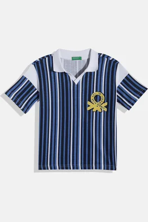 Benetton Boys Pure Cotton Striped Polo Collar Brand Logo Applique T-shirt