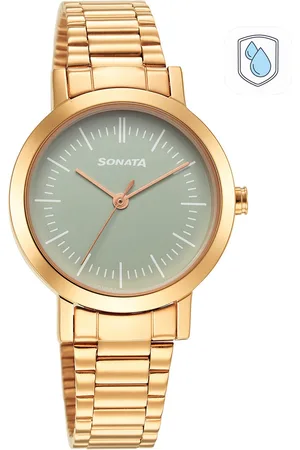 Sonata Women Green Brass Dial & Gold Toned Stainless Steel Straps Analogue Watch 8174WM04