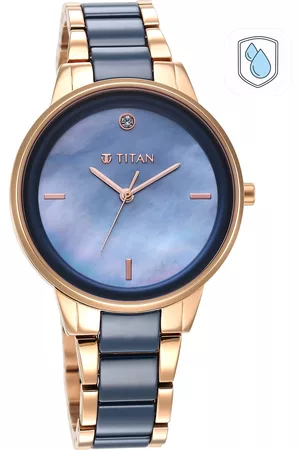 Titan Women Blue Mother of Pearl Dial & Rose Gold-Plated Ceramic Bracelet Style Straps Analogue Watch