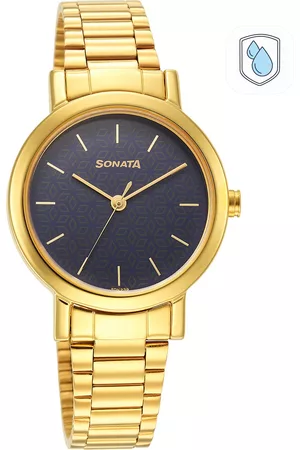 Sonata Women Black Brass Dial & Gold Toned Stainless Steel Bracelet Style Straps Analogue Watch 8174YM04