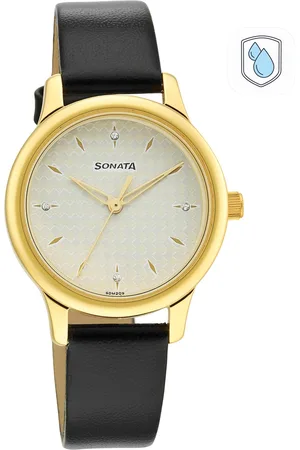 Sonata Women White Brass Dial & Black Leather Straps Analogue Watch 8178YL02