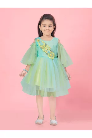 Aarika Girls Floral Embellished Applique Detailed Cold-Shoulder Sleeves Fit & Flare Dress