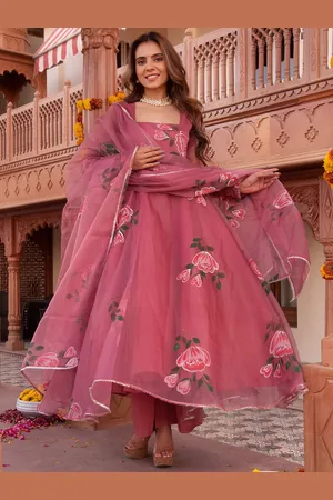 Calmna Floral Printed Gotta Patti Anarkali Kurta With Trousers & Dupatta
