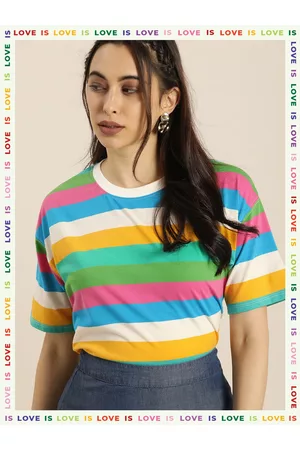 Moda Rapido Women Oversized Multicoloured Candy Stripes Drop-Shoulder Sleeves T-shirt