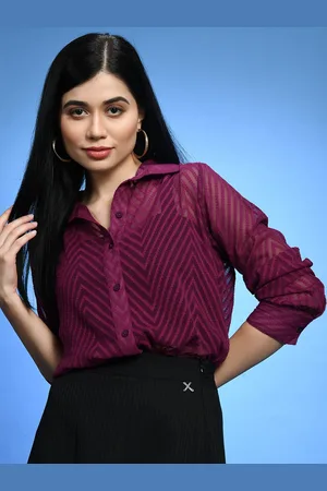 CHARMGAL Classic Slim Fit Chevron Self Design Semi Sheer Casual Georgette Shirt