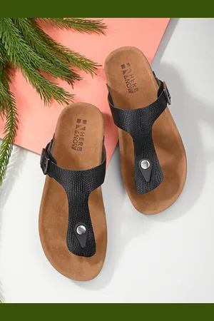 HERE&NOW Black Textured T-Strap Flats
