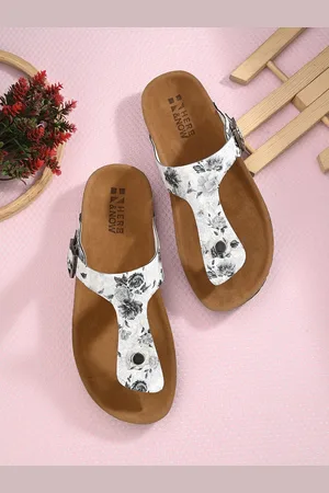 HERE&NOW White & Brown Printed T-Strap Flats with Buckles