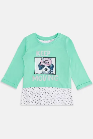 Pantaloons Girls Green Printed Applique T-shirt