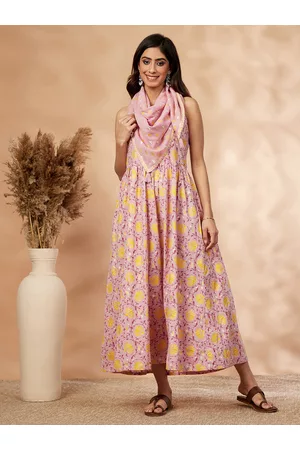 IMARA Pink Floral Printed Cotton Fit & Flare Midi Dress With Scarf