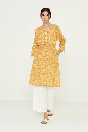 Ancestry Floral Printed Flared Sleeves Thread Work Cotton Regular Kurta