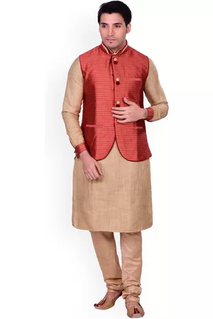 MANU Men Beige & Red Patterned Kurta with Churidar & Nehru Jacket