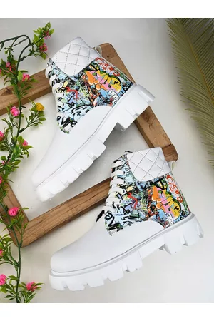 Kook N Keech Women White & Blue Mid-Top Printed Mesh Lightweight Athletic Insole Sneakers
