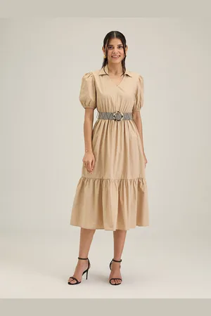20Dresses Beige Puff Sleeve Tiered Pure Cotton Fit & Flare Midi Dress