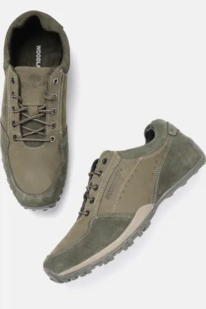 Woodland Men Olive Green Solid Leather Driving Sneakers with Perforated Detail