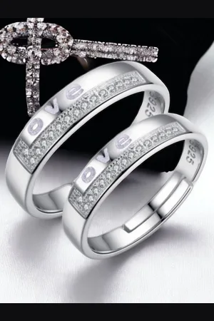 Myki Set of 2 Silver-Plated Stainless Steel Cubic Zirconia-Studded Couple Rings