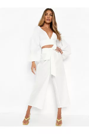 Boohoo Solid Balloon Sleeve Crop Top & Wide Leg Trousers