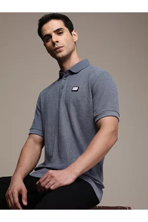 FORCE IX Men Navy Blue Polo Collar T-shirt