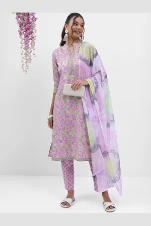 Ketch Mauve and Grey Floral Printed Straight Kurta with Trousers & With Dupatta