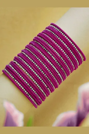 ATIBELLE Set Of 35 Silver-Plated American Diamond-Studded Velvet Textured Bangles