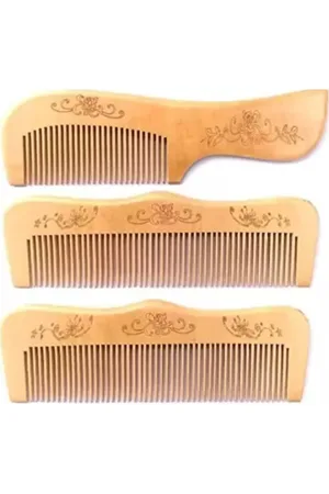 FEELHIGH Set Of 3 Neem Wood Broad Tooth Anti-Dandruff Combs - Brown