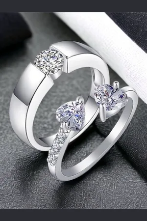 Myki Unisex Set Of 2 Silver-Plated & CZ-Studded Couple Adjustable Finger Rings