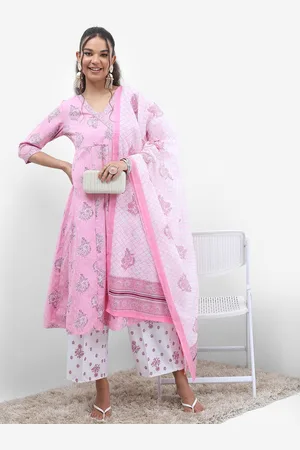Ketch Pink & White Floral Printed Regular Anarkali Kurta with Palazzos & With Dupatta
