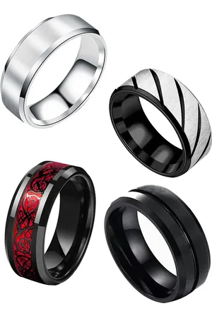 Meenaz Unisex Pack of 4 Silver-Plated Stainless Steel Rings