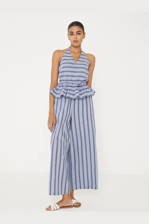 Ancestry Striped Ruffled Detailed V-Neck Basic Jumpsuit
