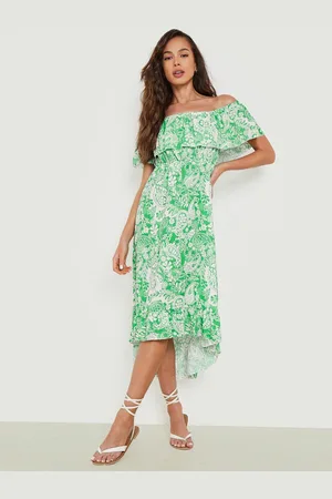 Boohoo Paisley Print Bardot Layered Midi A-Line Dress