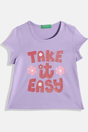 Benetton Girls Typography Printed T-shirt with Glittery Effect