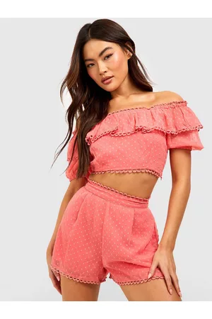 Boohoo Dobby Weave Ruffled Detail Off-Shoulder Crop Bardot Top with Shorts