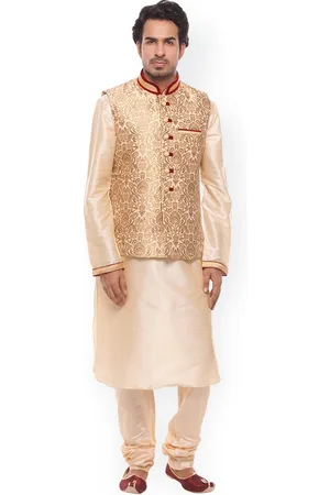 MANU Men Beige Solid Kurta with Churidar & Nehru Jacket