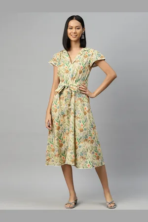 BUTA BUTI Tropical Print A-Line Cotton Midi Dress